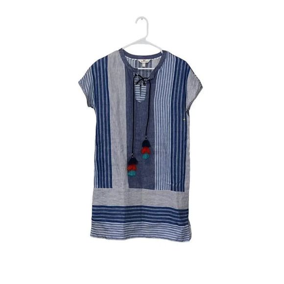 Womens‎ Vineyard Vines 100% Linen Blue / White Striped Tassle Dress Size 0 - Picture 2 of 4